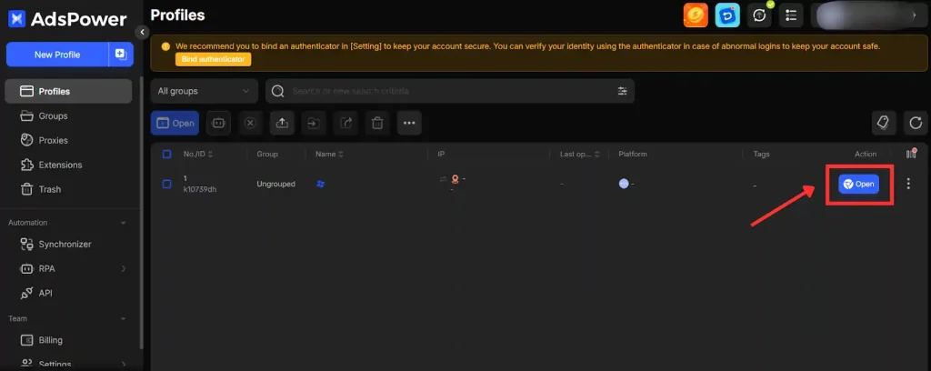 AdsPower - Launch new browser profile and Log In