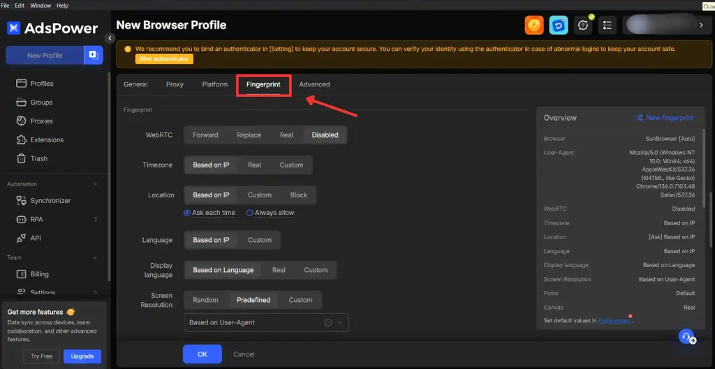 AdsPower - Set The Fingerprint