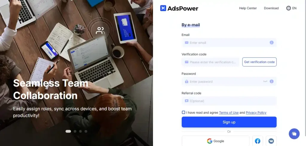 AdsPower - Sign Up