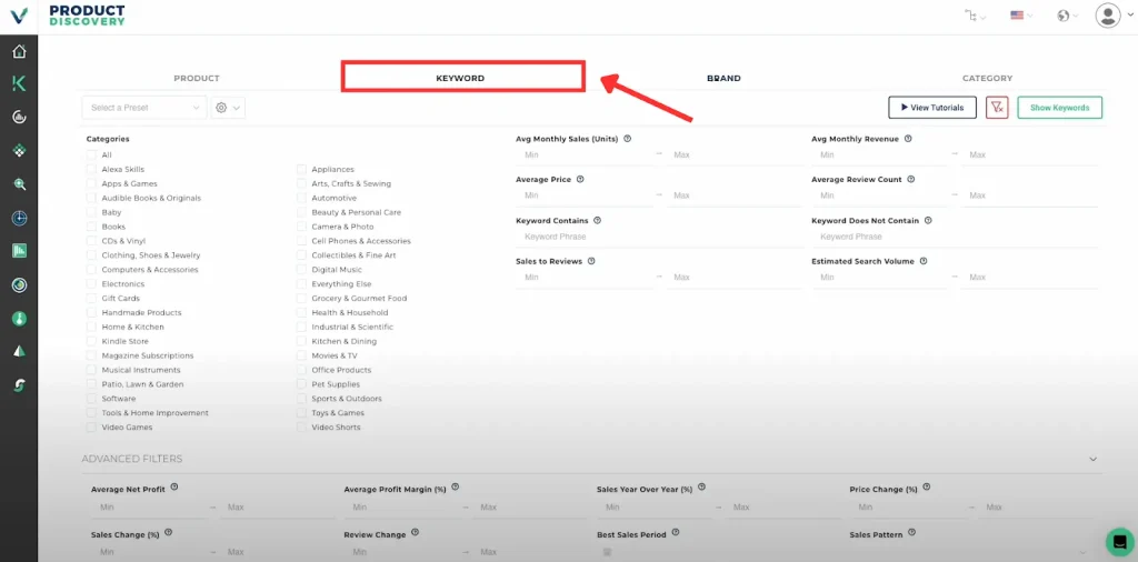 Select Keyword tab in Viral launch
