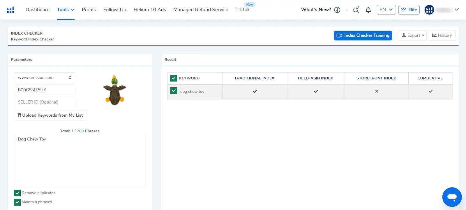 Helium 10 Index Checker