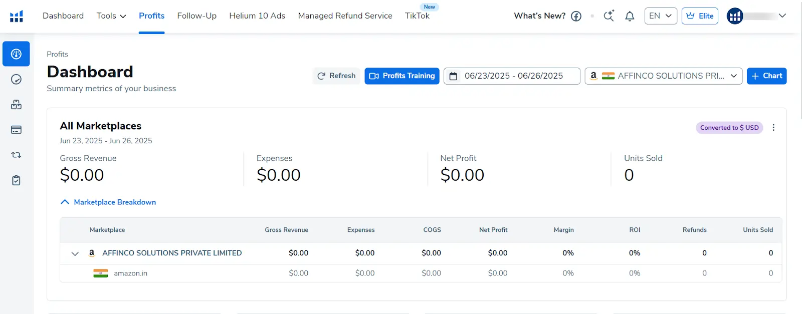 Helium 10 Profits dashboard